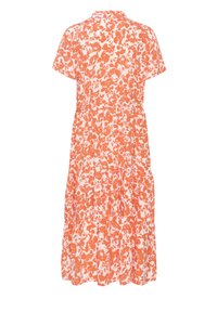 Rochie midi florală în portocaliu și alb, cu mâneci scurte, talie strânsă și fustă în straturi. Material ușor, texturat, cu finisaj moale.