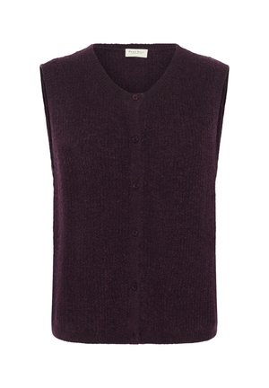 Purple sleeveless sweater vest, featuring a textured knit material, v-neckline, and five front buttons. Simple design with no accents.