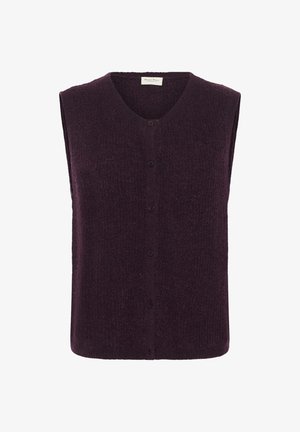 Lilla ilma-sleeve kampsun, millel on tekstureeritud kudumismaterjal, v-kaelus ja viis esist nuppu. Lihtne disain ilma aktsentideta.