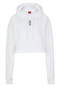 Bílá crop mikina s dlouhými vsazenými rukávy, kapucí se šňůrkami a štítkem s logem uprostřed. Vyrobena z měkké, texturované látky.