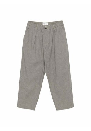 Grå højtaljede, vidde ben bukser med lille ternet mønster, forside med knapper og lynlås samt sidelommer, lagt fladt på hvid baggrund.