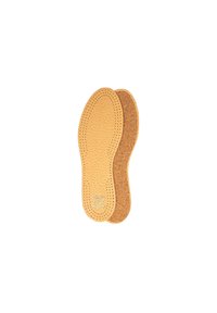 Cork insoles featuring a smooth top texture with perforations; natural beige color, with a textured brown underside for comfort.