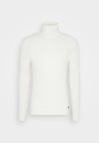Weißer, gerippter Rollkragenpullover mit langen Ärmeln, aus strukturiertem Strickstoff gefertigt, mit figurnaher Passform und dezentem Logodetail.