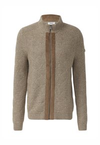 Beige gebreide trui met een textuurpatroon, voorzien van een contrasterend bruin suède paneel en een ritssluiting. Ribgewoven manchetten en zoom.