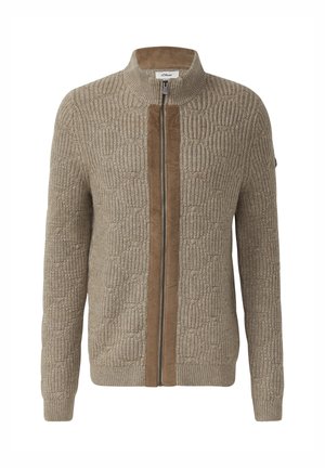 Beige knitted sweater with a textured pattern, featuring a contrasting brown suede panel and a zippered closure. Ribbed cuffs and hem.