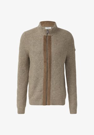 Beige gebreide trui met een textuurpatroon, voorzien van een contrasterend bruin suède paneel en een ritssluiting. Ribgewoven manchetten en zoom.