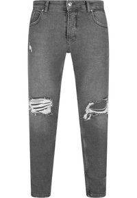 Pelēkie denim džinsi ar šauru piegriezumu, ar nodilušām ceļu ieliktņu un izsistām malām. Klasisks piecu kabatu dizains ar metāla pogu aizdari.