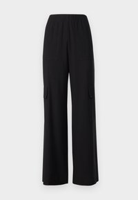 Pantalons larges noirs en tissu léger, dotés d'une taille élastique, de deux poches avant et de deux poches latérales de type cargo.