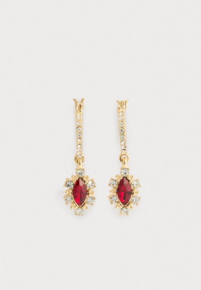 Gold drop earrings with a marquise red center stone surrounded by small clear gemstones on a vertical gold bar.