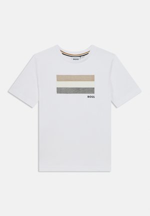 White cotton t-shirt featuring a rectangular graphic in beige, white, and gray stripes, with "BOSS" logo in black on the lower left.