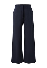 Granatowe spodnie o szerokich nogawkach z wysokim stanem, plisowanym przodem i gładką fakturą. Posiadają boczne kieszenie i schludne wykończenie.