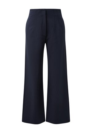 Marineblauwe broek met wijde pijpen, een hoge taille, geplooide voorkant en een gladde textuur. Voorzien van zijzakken en een nette afwerking.