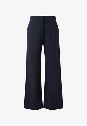 Granatowe spodnie o szerokich nogawkach z wysokim stanem, plisowanym przodem i gładką fakturą. Posiadają boczne kieszenie i schludne wykończenie.