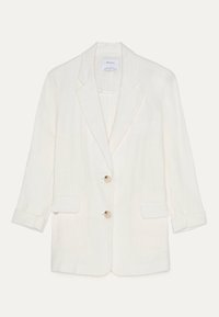 Bílý lněný blazer s klopovým límcem, dvěma předními kapsami a dvěma knoflíky. Manžety s uvolněným střihem a měkkou texturou.