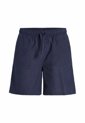 Shorts légers bleu marine en tissu doux, avec une taille élastique munie d'un cordon de serrage et une coupe décontractée. Pas de poches visibles.