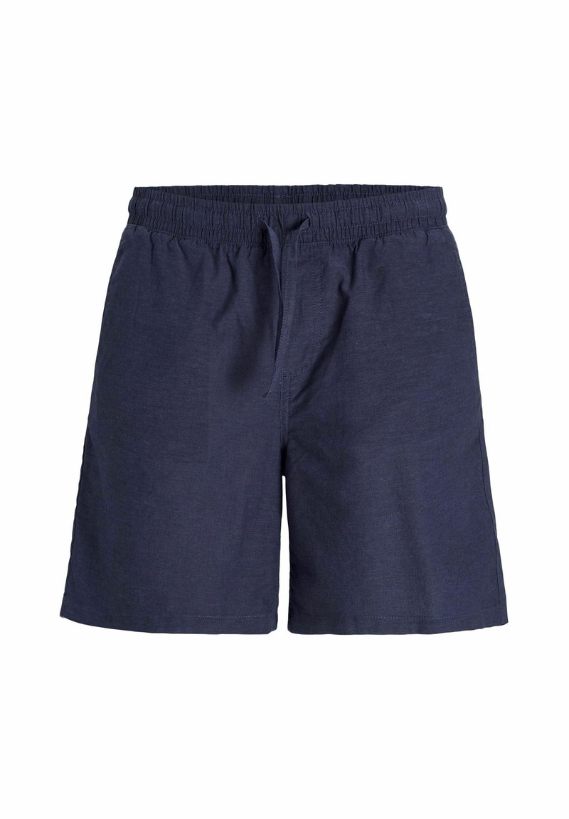 Shorts légers bleu marine en tissu doux, avec une taille élastique munie d'un cordon de serrage et une coupe décontractée. Pas de poches visibles.