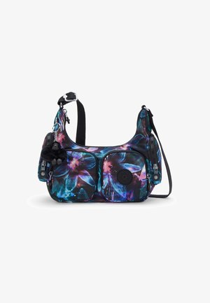Sac hobo à motif floral avec des nuances de violet et de bleu. Il comprend deux poches zippées à l'avant, un porte-clés amovible et une bandoulière robuste.