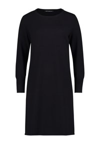 Robe noire en tricot avec un col rond et des manches longues. Présente des poignets côtelés et un ourlet droit, offrant un design simple et polyvalent.
