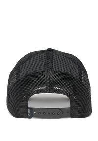 Gorra de malla negra con una parte trasera estructurada, correa de plástico ajustable y textura de patrón geométrico. Sin marcas ni acentos visibles.