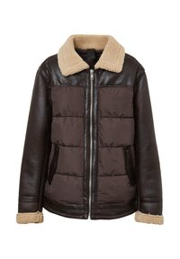 Giubbotto imbottito marrone con dettagli in pelle e colletto in shearling. Presenta chiusura con zip e tasche laterali. Tessuto testurizzato con un design imbottito.