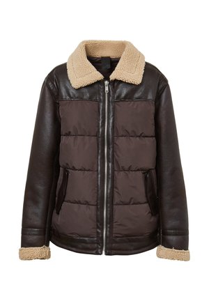 Braune Pufferjacke mit Lederakzenten und Schaffellkragen. Verfügt über einen Reißverschluss und Seitentaschen. Textiles Material mit gepolsterter Konstruktion.