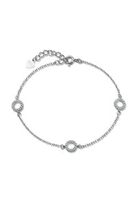 Srebrna bransoletka z łańcuszka z trzema okrągłymi akcentami ozdobionymi przezroczystymi kamieniami, z zapięciem na karabińczyk i regulowanym łańcuszkiem.