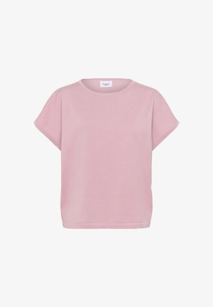 Heled roosa lühikeste varrukatega T-särk, mis on valmistatud pehmest kangast, omades ümmargust kaelust ja lõdva istuvuse disaini. Minimalistlik stiil ilma mustriteta.