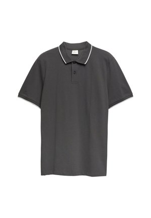 Dunkelgraues Poloshirt mit kurzen Ärmeln, weißer Einfassung an Kragen und Ärmeln, Zweiknopfleiste und klassischem Schnitt.