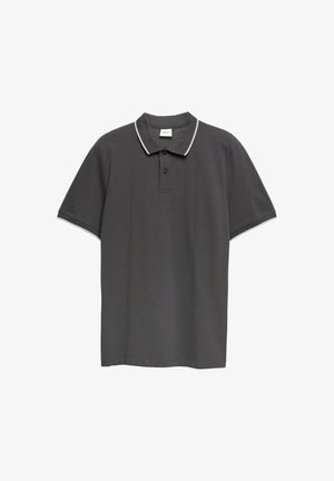 Dunkelgraues Poloshirt mit kurzen Ärmeln, weißer Einfassung an Kragen und Ärmeln, Zweiknopfleiste und klassischem Schnitt.
