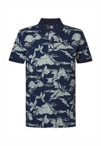 Námořnická polo košile s světlou zelenou horskou a květinovou strukturou, s třemi knoflíky na léze, krátkými rukávy a texturovaným límcem.