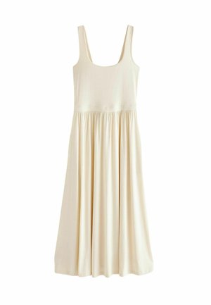 Cream-colored sleeveless dress with a scoop neck, elastic waist, and flowing A-line skirt. Made of soft, lightweight fabric.
