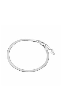 Srebrna bransoletka łańcuszkowa z płaskim, teksturowanym wzorem, wyposażona w zapięcie na karabińczyk i regulowany łańcuch. Gładkie, wypolerowane wykończenie o eleganckim wyglądzie.