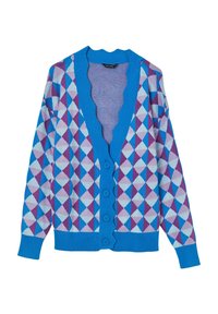 Cardigan con motivo a stampa caratterizzato da un colletto e polsini a coste blu, con un design geometrico nei toni del viola, blu e azzurro. Cinque bottoni.