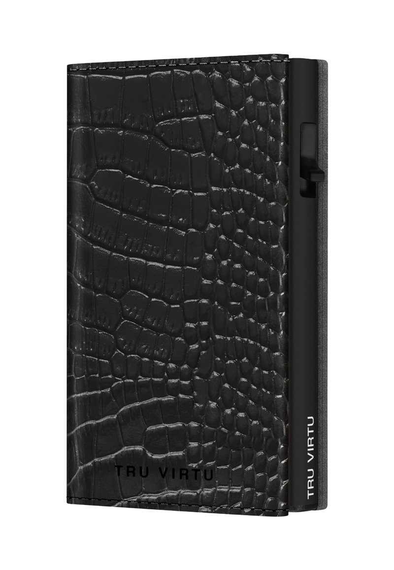 Black leather wallet with a textured crocodile pattern, featuring a side clip and engraved logo "TRU VIRTU" on the front. Compact rectangular shape.