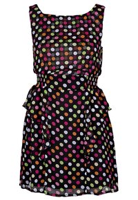 Schwarzes ärmelloses Kleid mit bunten Pünktchen in Pink, Grün, Orange und Weiß. Hat eine geraffte Taille und einen geschichteten Saum mit Rüschen.