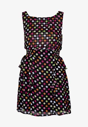 Vestido negro sin mangas con puntos de colores en rosa, verde, naranja y blanco. Presenta una cintura fruncida y un volante en capas en el dobladillo.