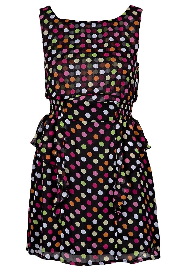 Schwarzes ärmelloses Kleid mit bunten Pünktchen in Pink, Grün, Orange und Weiß. Hat eine geraffte Taille und einen geschichteten Saum mit Rüschen.