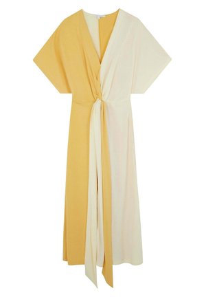 Robe midi bicolore jaune et crème avec manches courtes larges, col en V profond et nœud devant.