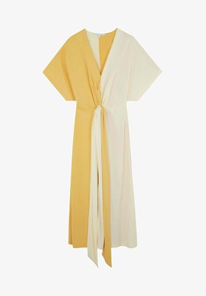 Robe midi bicolore jaune et crème avec manches courtes larges, col en V profond et nœud devant.