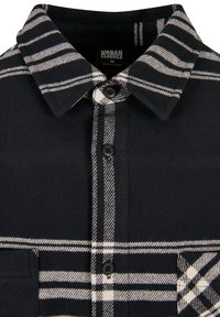 Chemise à carreaux noire et blanche à boutons avec col, deux poches poitrine et étiquette Urban Classics visible à l'intérieur du col.