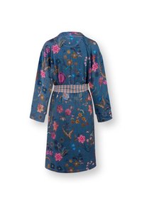 Floral patterned blue robe with long sleeves, cinched waist, and textured fabric. Features vibrant pink, yellow, and green embroidered designs.