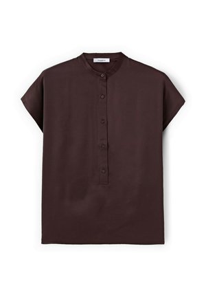 Dunkelbraune Kurzarmbluse mit Stehkragen und einer vorderen Knopfleiste mit fünf Knöpfen.