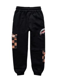 Pantaloni della tuta neri con vita elastica, dotati di tasche cargo a quadretti e un design a squalo sulla coscia. Morbida texture, vestibilità casual.