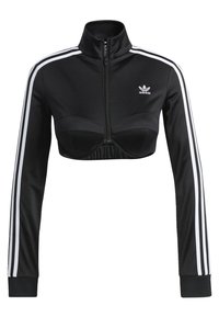 Black cropped jacket with high collar, zip closure, and white side stripes; textured fabric; features branded logo on chest.