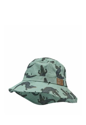 Mint green bucket hat with alligator and lizard patterns, featuring a textured fabric and a small brown leather logo patch on the side.