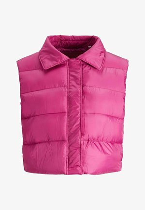 Gilet imbottito smanicato trapuntato di colore rosa acceso con ampio colletto e dettagli di cuciture frontali su sfondo bianco.