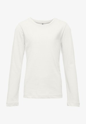 T-shirt de manga longa branca feita de algodão suave. Apresenta um decote redondo clássico e mangas ajustadas com uma textura lisa e simples.