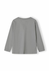 Maglietta grigia chiaro a maniche lunghe con polsini a coste e scollatura rotonda, mostrata sul retro su uno sfondo bianco.