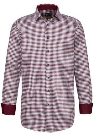 Camicia a maniche lunghe da uomo in un motivo a quadri rosso e blu navale, con colletto classico, chiusura con bottoni, polsini di un rosso intenso e taschino sul petto.