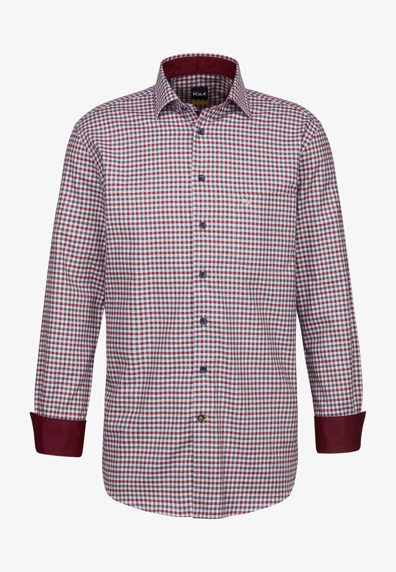 Camicia a maniche lunghe da uomo in un motivo a quadri rosso e blu navale, con colletto classico, chiusura con bottoni, polsini di un rosso intenso e taschino sul petto.